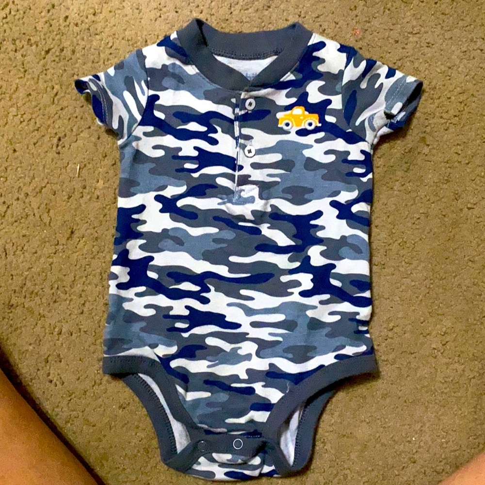 6-9 months camo onesie with a truck print